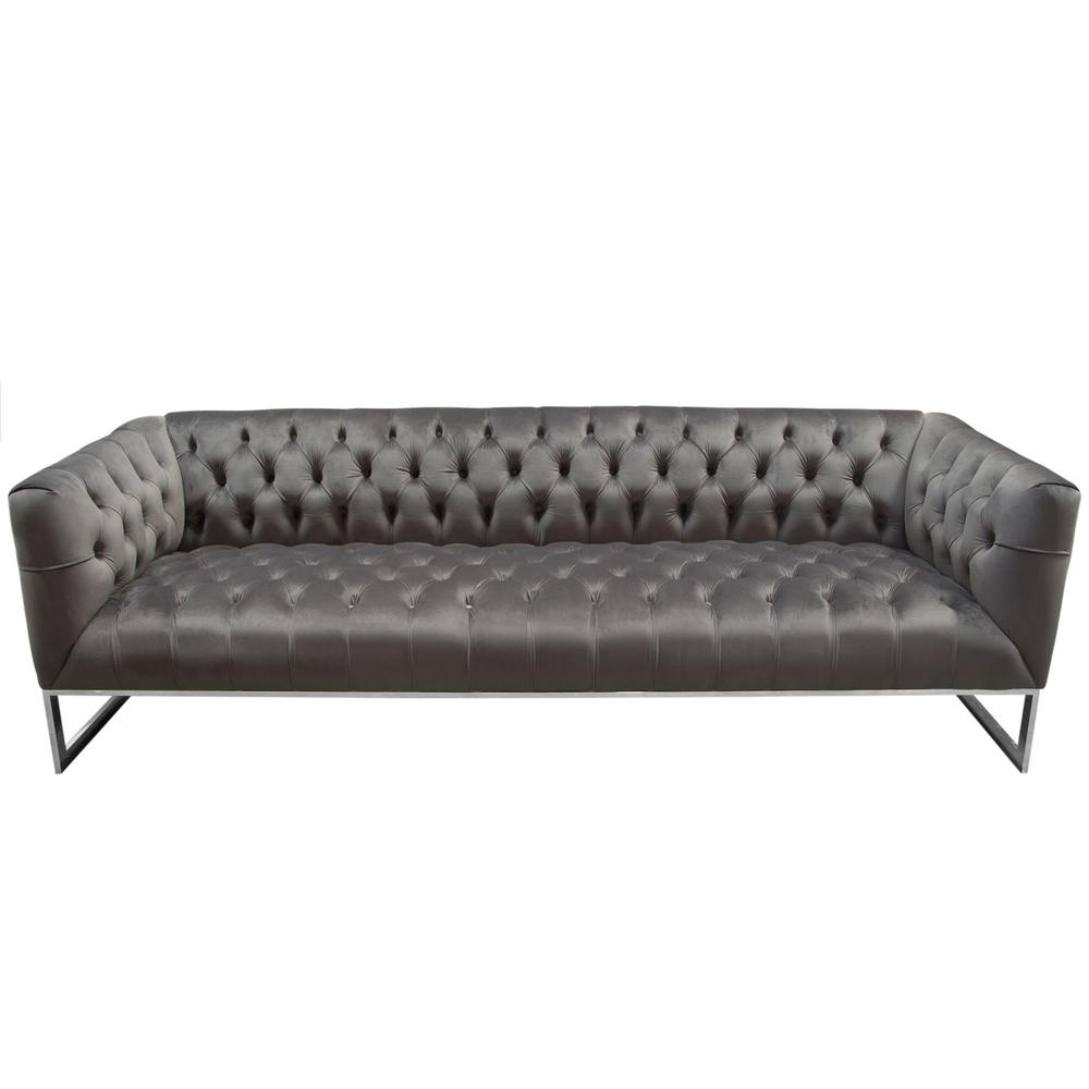 Crawford Tufted Sofa in Dusk Grey Velvet w/ Polished Metal Leg & Trim by Diamond Sofa. Picture 1