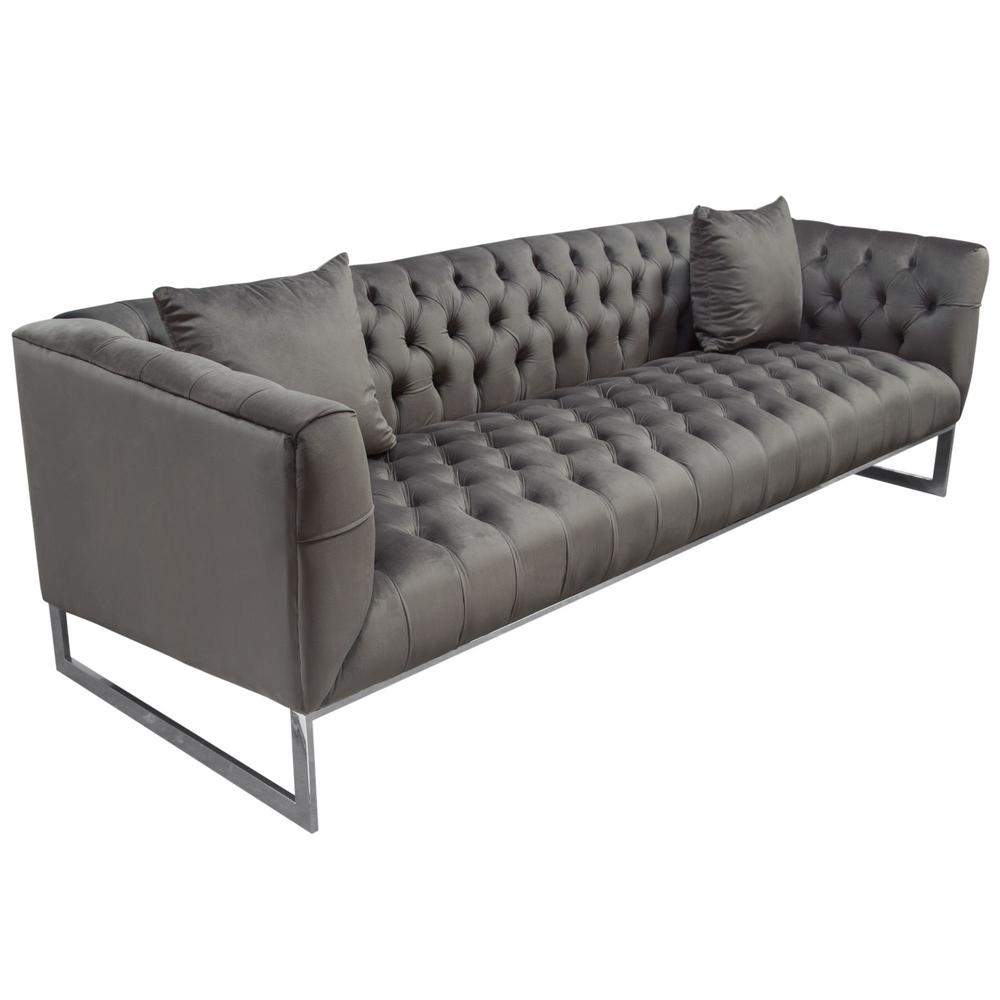 Crawford Tufted Sofa in Dusk Grey Velvet w/ Polished Metal Leg & Trim by Diamond Sofa. Picture 3