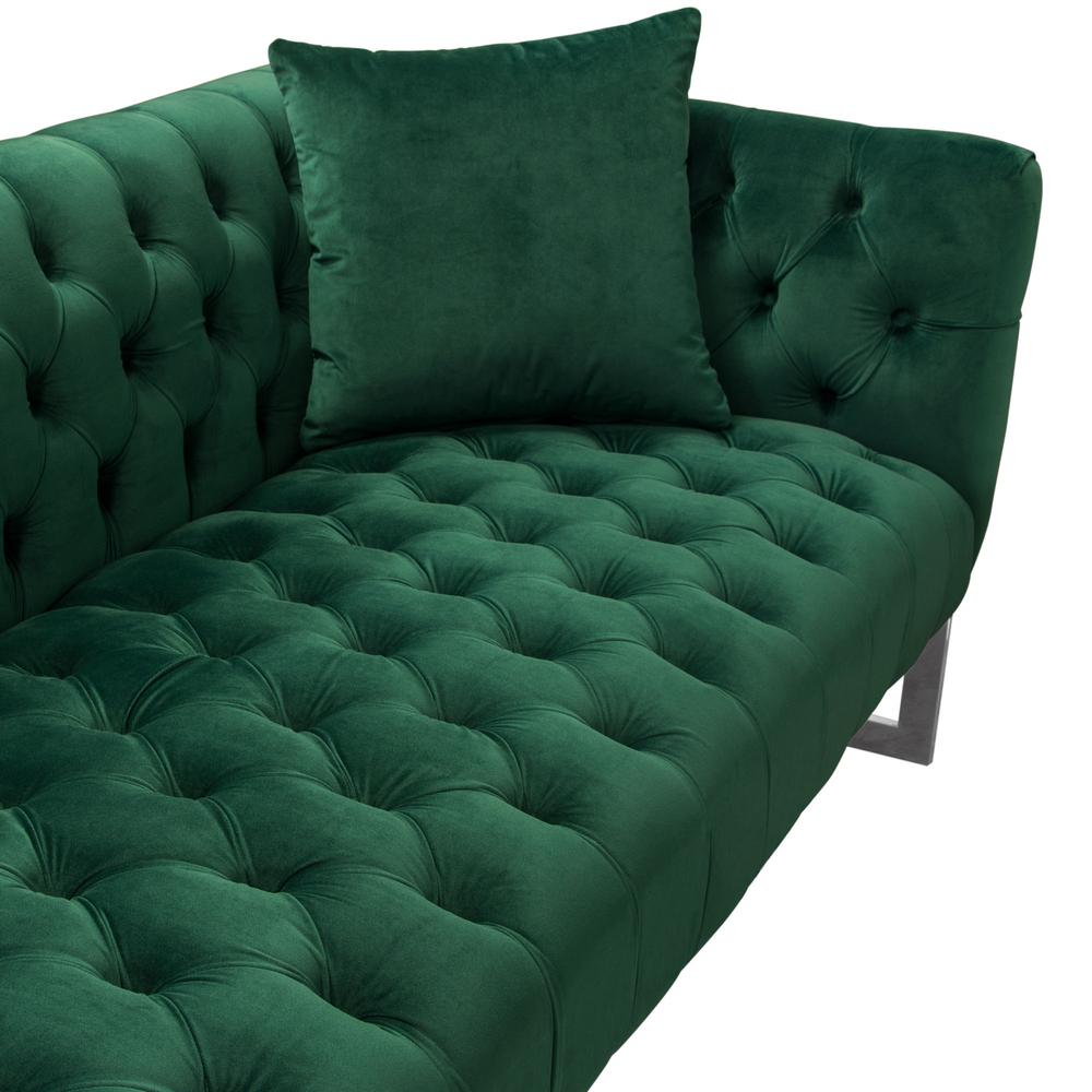 Crawford Tufted Sofa in Emerald Green Velvet w/ Polished Metal Leg & Trim