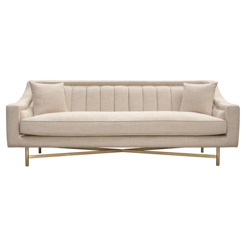 Croft Fabric Sofa in Sand Linen Fabric w/ Accent Pillows and Gold Metal Criss-Cross Frame by Diamond Sofa. Picture 7