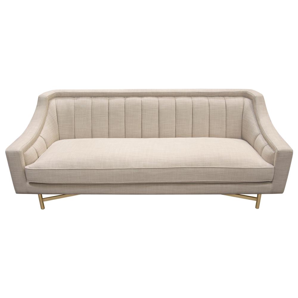 Croft Fabric Sofa in Sand Linen Fabric w/ Accent Pillows and Gold Metal Criss-Cross Frame by Diamond Sofa. Picture 12