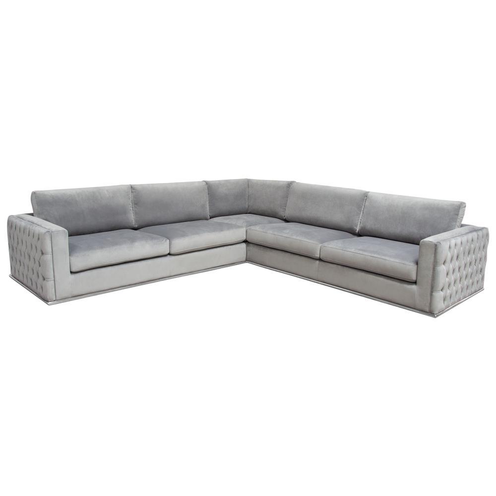 Sectional in Platinum Grey Velvet, Tufted Outside Detail and Silver Metal Trim. Picture 16