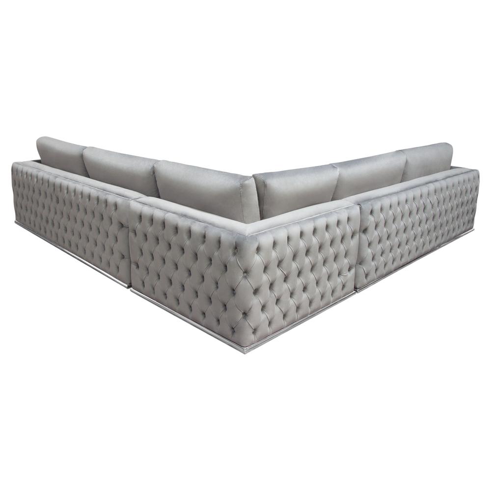 Sectional in Platinum Grey Velvet, Tufted Outside Detail and Silver Metal Trim. Picture 4