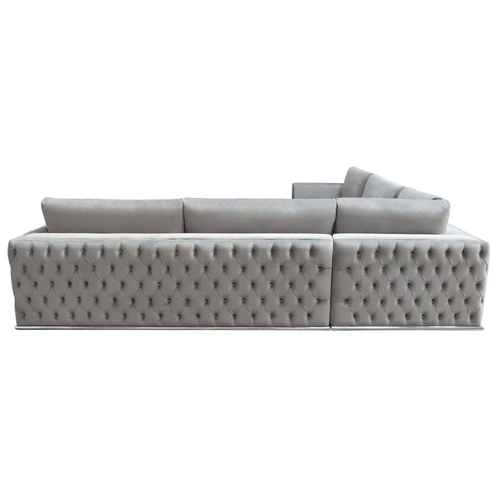 Sectional in Platinum Grey Velvet, Tufted Outside Detail and Silver Metal Trim. Picture 6