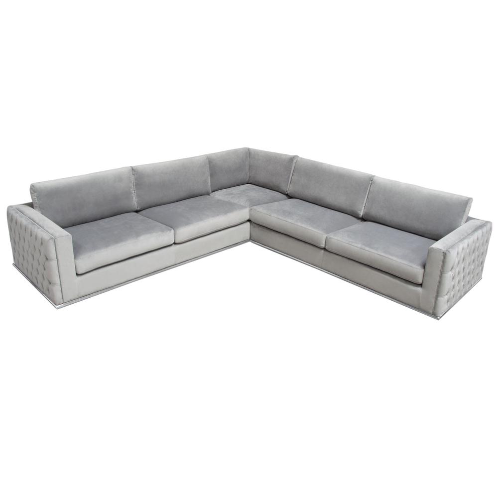 Sectional in Platinum Grey Velvet, Tufted Outside Detail and Silver Metal Trim. Picture 12