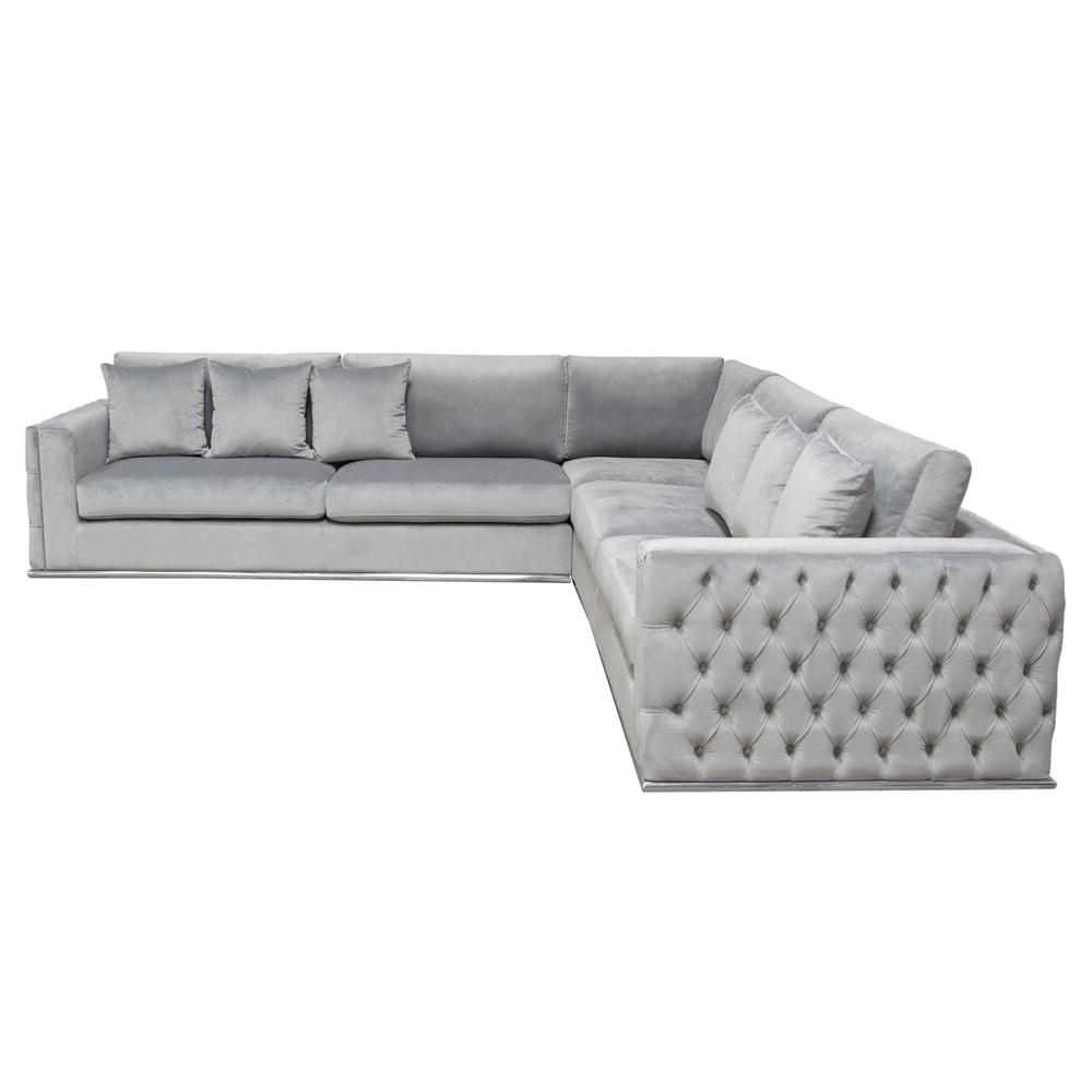 Sectional in Platinum Grey Velvet, Tufted Outside Detail and Silver Metal Trim. Picture 18