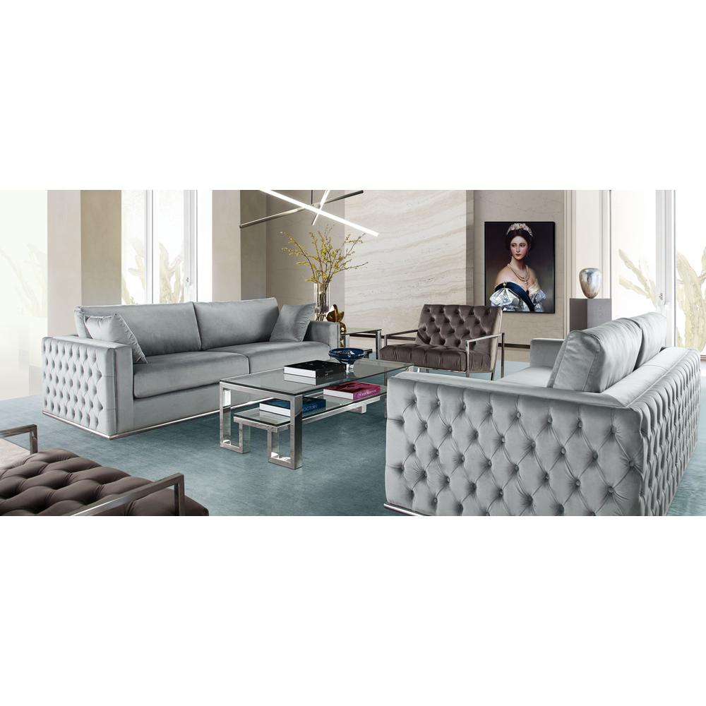 Envy Loveseat in Platinum Grey Velvet with Tufted Outside Detail and Silver Metal Trim by Diamond Sofa. The main picture.