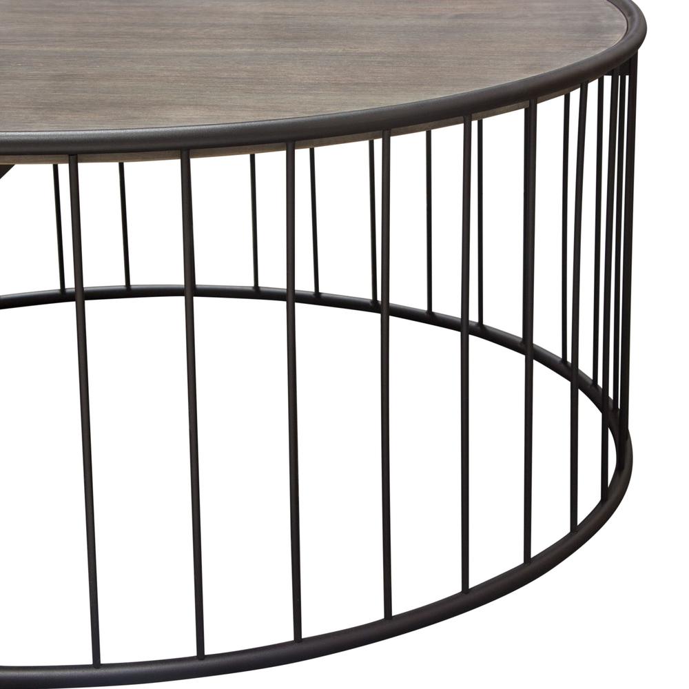 Gibson 38" Round Cocktail Table with Grey Oak Finished Top and Metal Base. Picture 5
