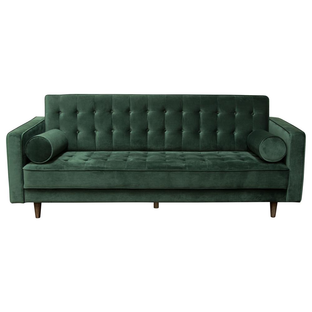 Juniper Tufted Sofa in Hunter Green Velvet with (2) Bolster Pillows. Picture 1