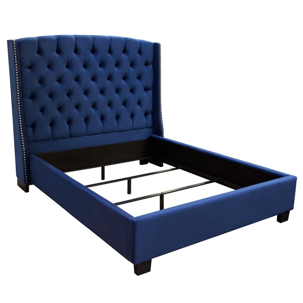 Majestic Eastern King Tufted Bed in Royal Navy Velvet, Nail Head Wing Accents. Picture 5