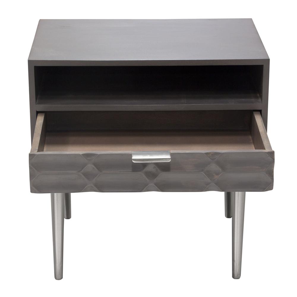 Petra Solid Mango Wood 1-Drawer Accent Table in Smoke Grey Finish w/ Nickel Legs. Picture 11