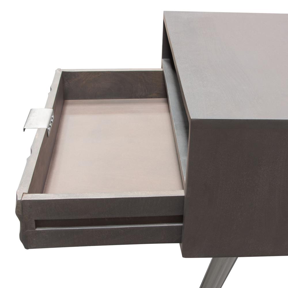 Petra Solid Mango Wood 1-Drawer Accent Table in Smoke Grey Finish w/ Nickel Legs. Picture 2