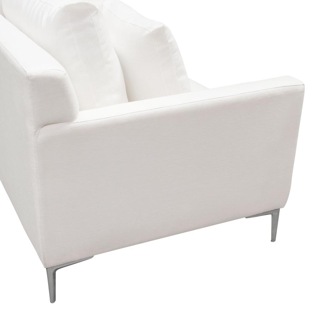 Seattle Loose Back Loveseat in White Linen w/ Polished Silver Metal Leg. Picture 3