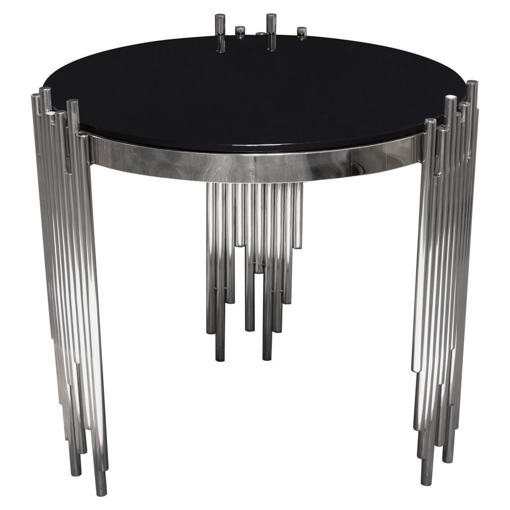 Round End Table with Black Tempered Glass Top and Silver Finished Metal