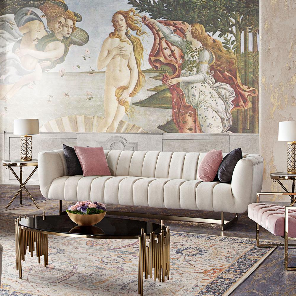 Venus Cream Fabric Sofa w/ Contrasting Pillows & Gold Finished Metal Base. The main picture.