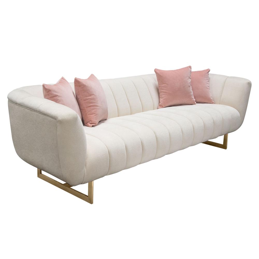 Venus Cream Fabric Sofa w/ Contrasting Pillows & Gold Finished Metal Base. Picture 11