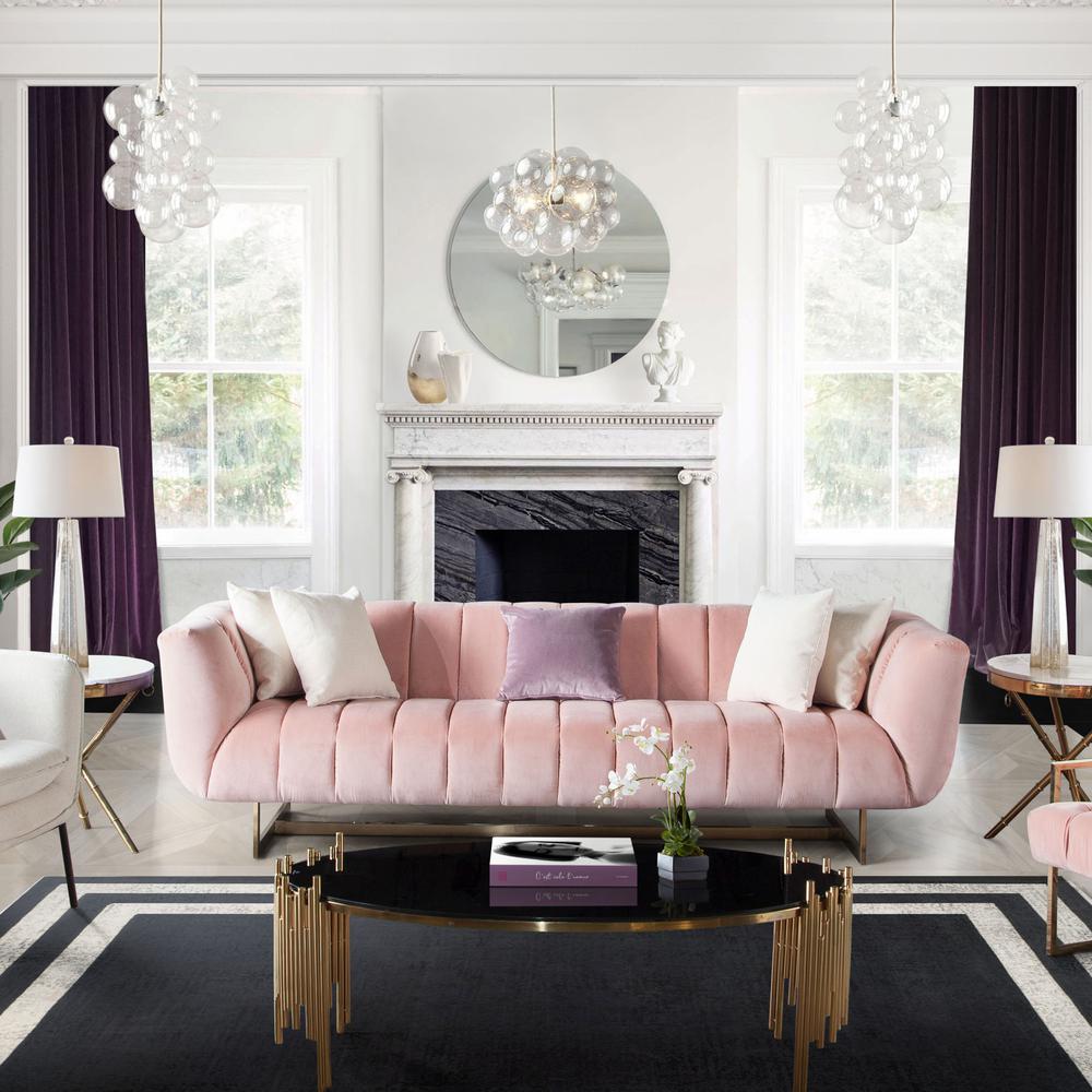 Sofa in Blush Pink Velvet w/ Contrasting Pillows & Gold Finished Metal Base. Picture 9