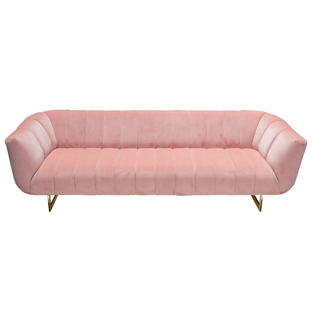 Sofa in Blush Pink Velvet w/ Contrasting Pillows & Gold Finished Metal Base. Picture 3