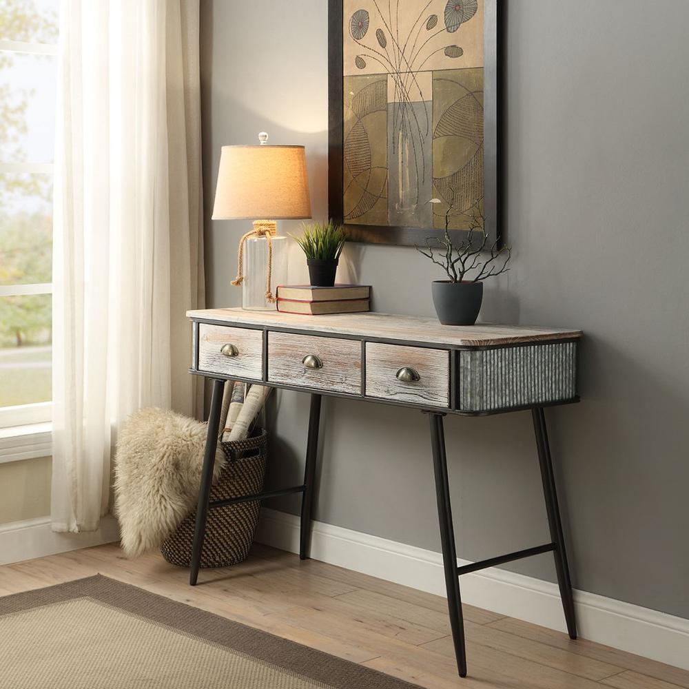 ALTA COLLECTION DESK/ENTRY TABLE WITH 3 DRAWERS/Washed Fir Wood w/gray and black metal. Picture 1
