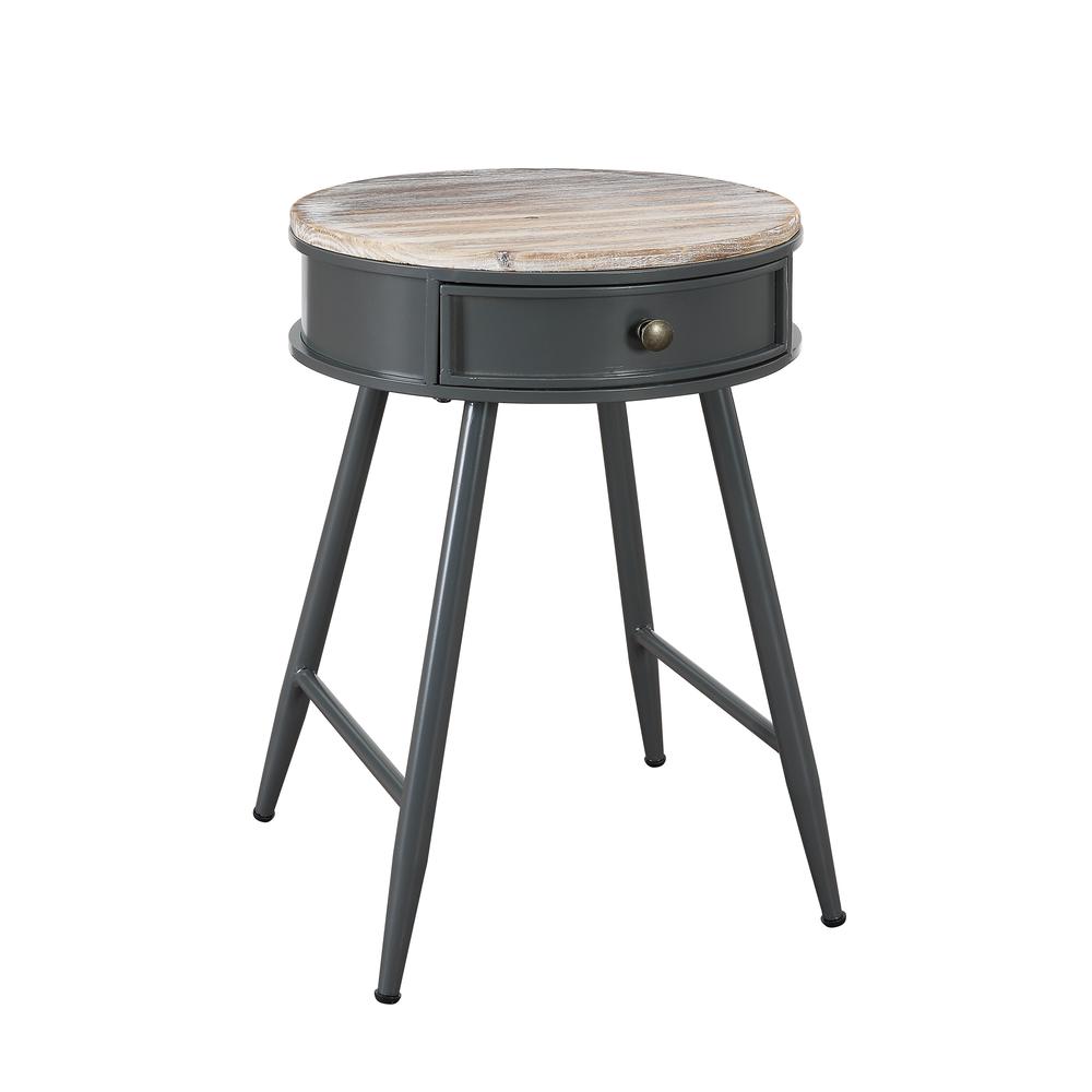 Round Table With Wood Fir Top, Gray Metal Base With Drawer. Picture 3