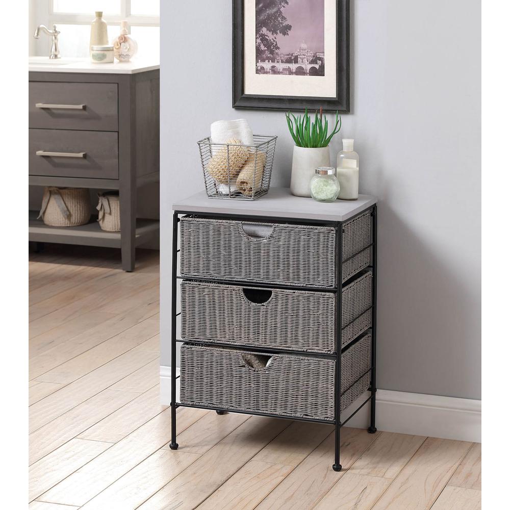 Autumn Grey 3 Drawer Chest W/Wood Top, Wicker and metal. Picture 1