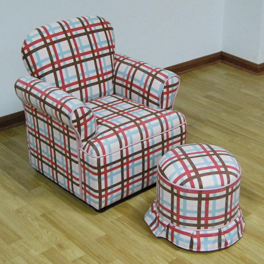 Rolled Arm Chari With Round Ottoman/Plaid. Picture 1