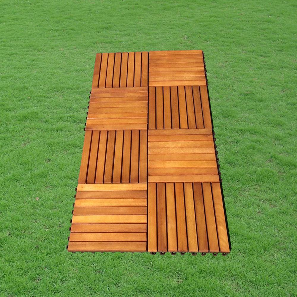 Outdoor Patio 8-Slat Acacia Interlocking Deck Tile (Set of 10 Tiles)