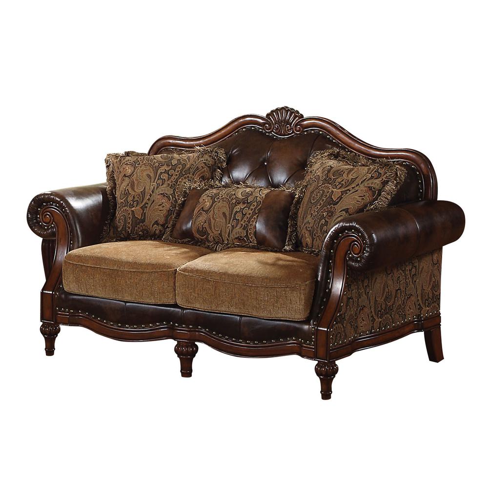 Loveseat (w/3 Pillows), 2-Tone Brown PU & Chenille 05496. Picture 1