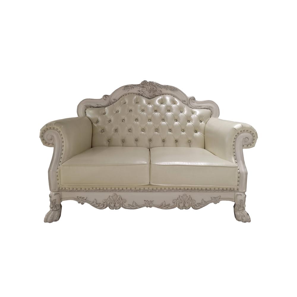 Furniture Dresden Upholstered Faux Leather Loveseat with 3 Pillows in White. Picture 2
