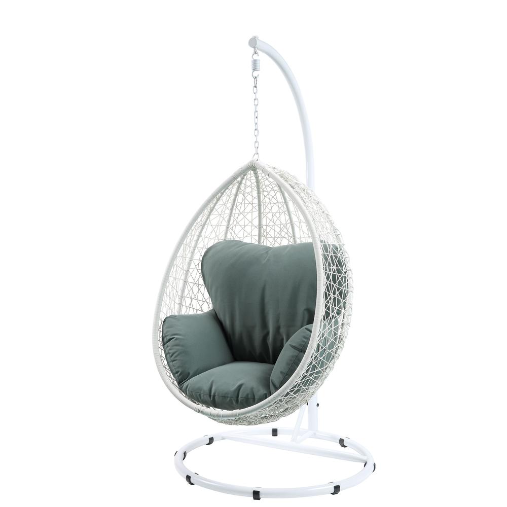 Simona Patio Swing Chair with Stand, Green Fabric & White Wicker. Picture 1