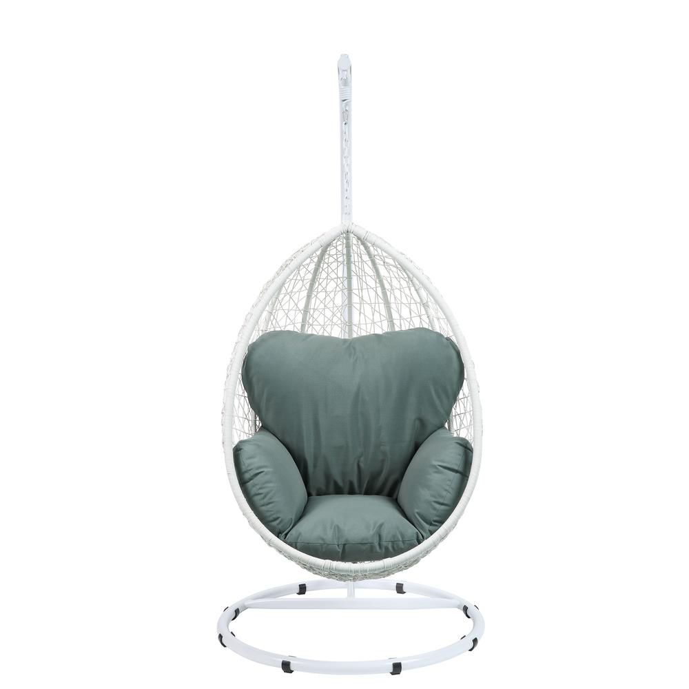 Simona Patio Swing Chair with Stand, Green Fabric & White Wicker. Picture 3