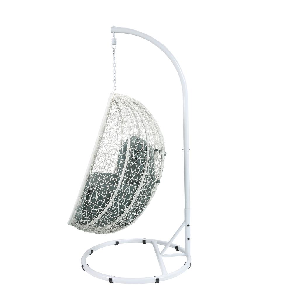 Simona Patio Swing Chair with Stand, Green Fabric & White Wicker. Picture 4