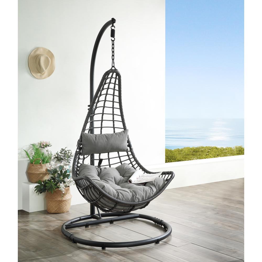 Uzae Patio Hanging Chair with Stand, Gray Fabric & Charcoal Wicker (45105). Picture 6