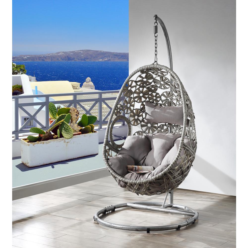 Sigar Patio Hanging Chair with Stand, Light Gray Fabric & Wicker (45107). Picture 6
