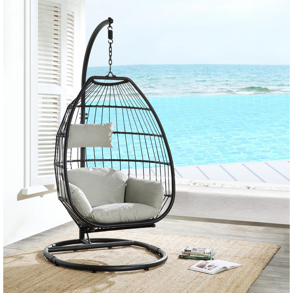 Oldi Patio Hanging Chair with Stand, Beige Fabric & Black Wicker (45115). Picture 6