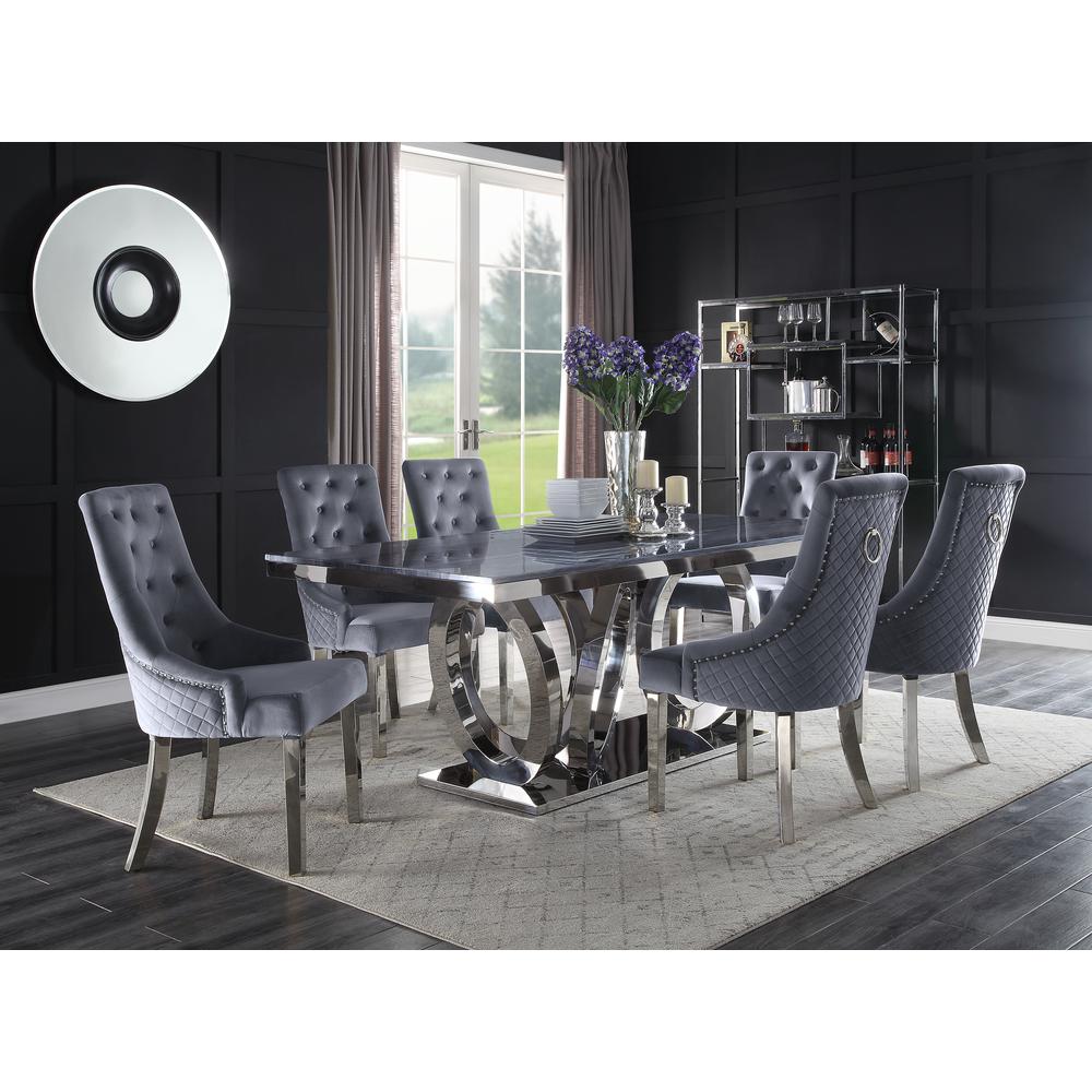 ACME Nasir Dining Table, Gray Printed Faux Marble & Mirrored Silver Finish. Picture 1