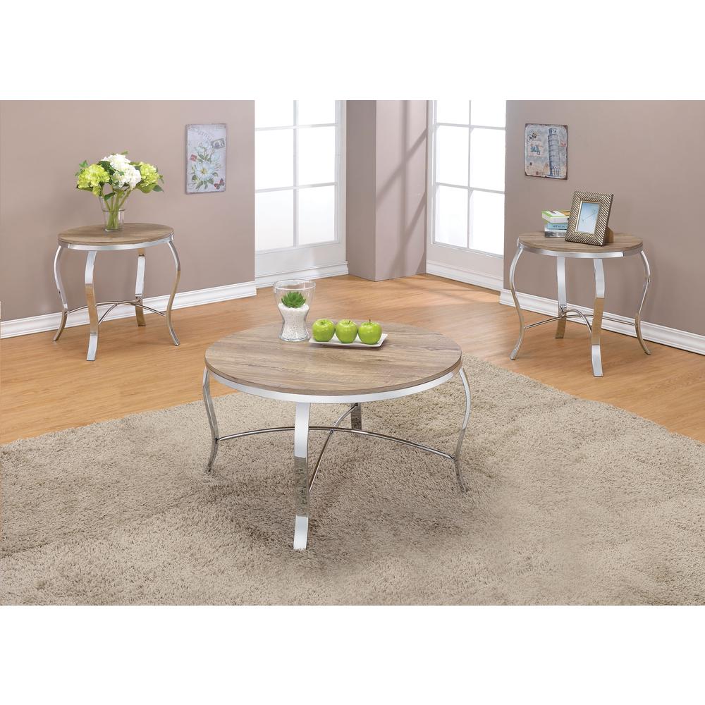 Malai 3Pc Pack Coffee/End Table Set, Weathered Light Oak & Chrome. Picture 2