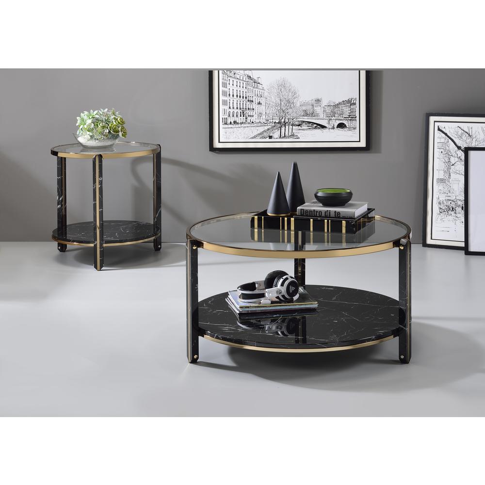 End Table, Clear Glass, Faux Black Marble & Champagne Finish 83307. Picture 1