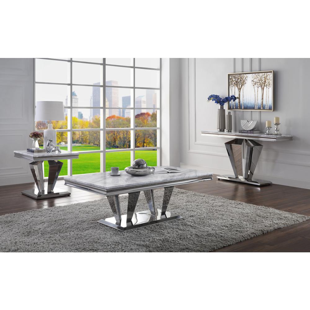 ACME Satinka End Table, Light Gray Printed Faux Marble & Mirrored Silver Finish. Picture 1