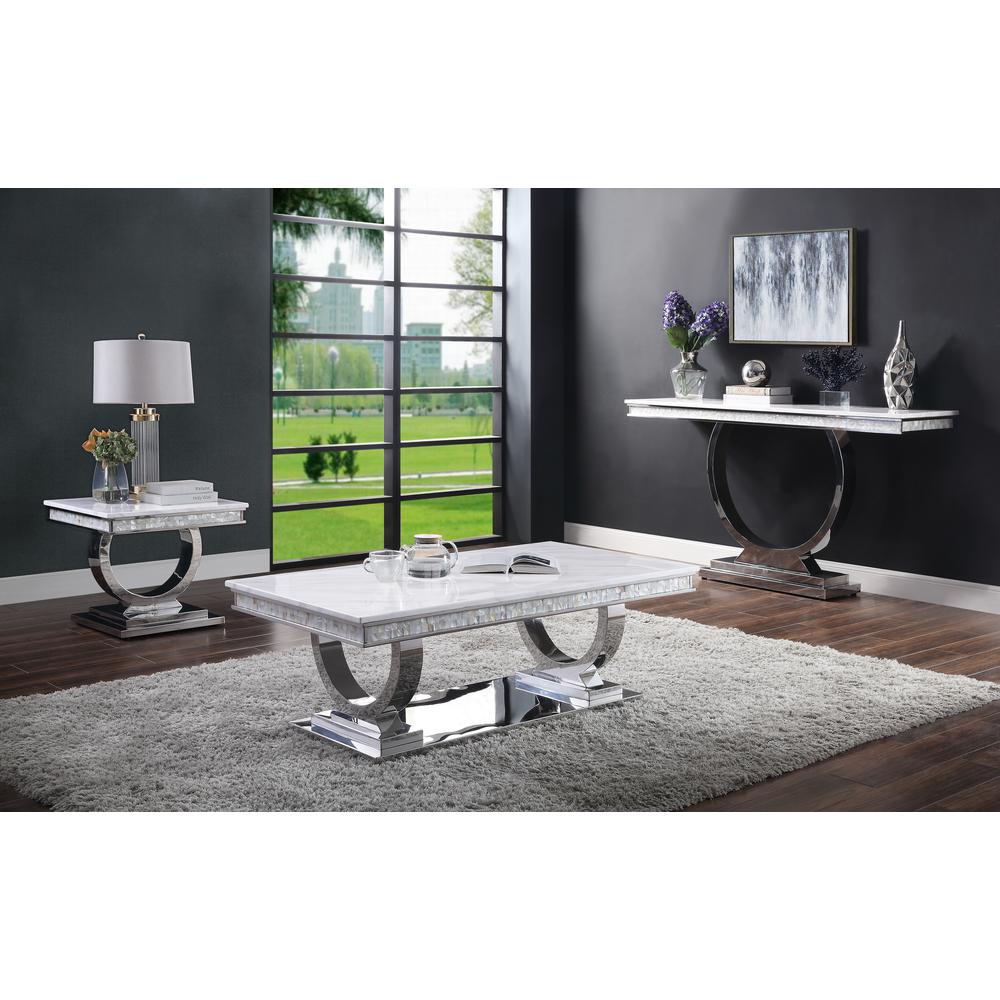 ACME Zander Sofa Table, White Printed Faux Marble & Mirrored Silver Finish. Picture 1