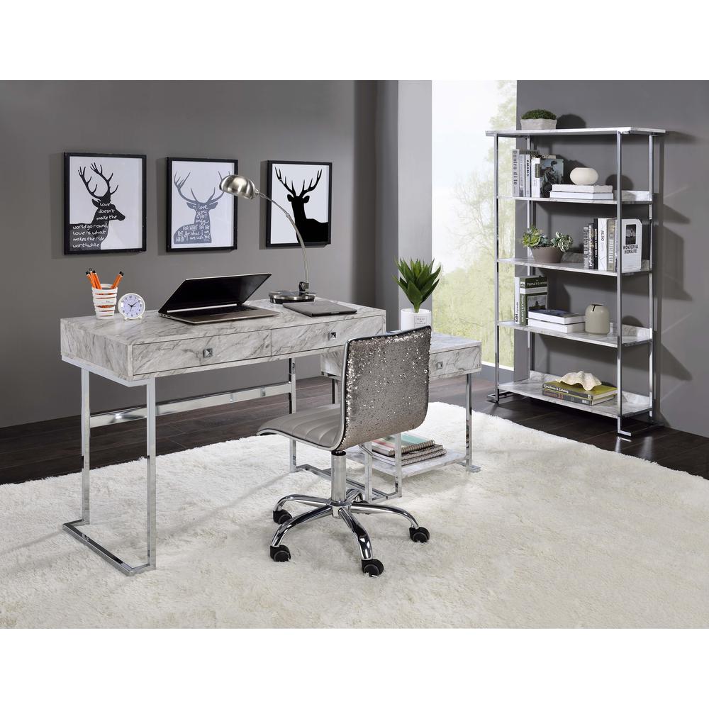 Writing Desk, White Printed Faux Marble & Chrome Finish 92615. Picture 7