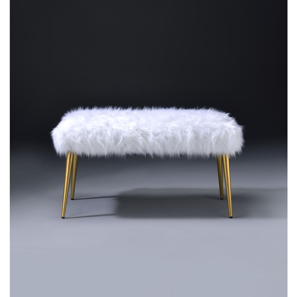 Bagley II Bench, White Faux Fur & Gold. Picture 2