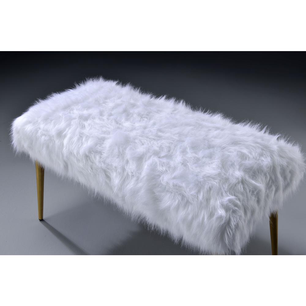 Bagley II Bench, White Faux Fur & Gold. Picture 4