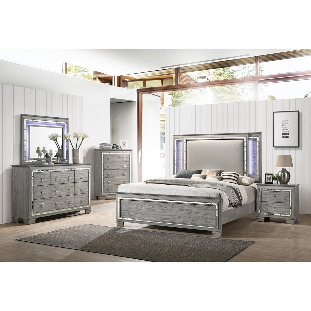 ACME Antares Queen Bed, Fabric & Light Gray Oak. Picture 1