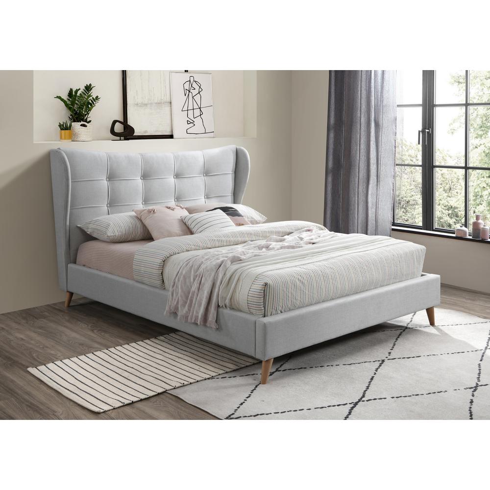 ACME Duran Eastern King Bed, Light Gray Fabric. Picture 1