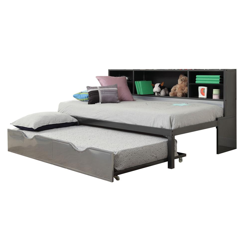 Renell Twin Bed w/Bookcase & Trundle, Black & Silver. Picture 1