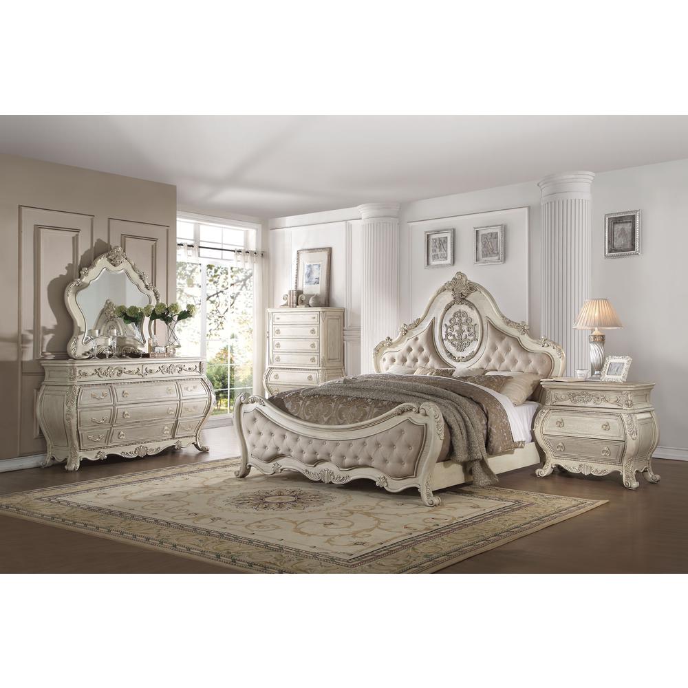ACME Ragenardus Queen Bed, Beige Linen & Antique White (1Set/3Ctn). Picture 1