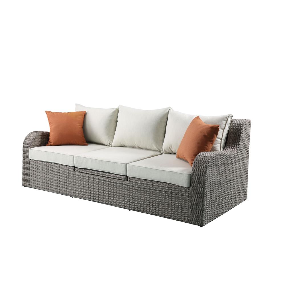 Salena Patio Sectional & 2 Ottomans, Beige Fabric & Gray Wicker. Picture 1