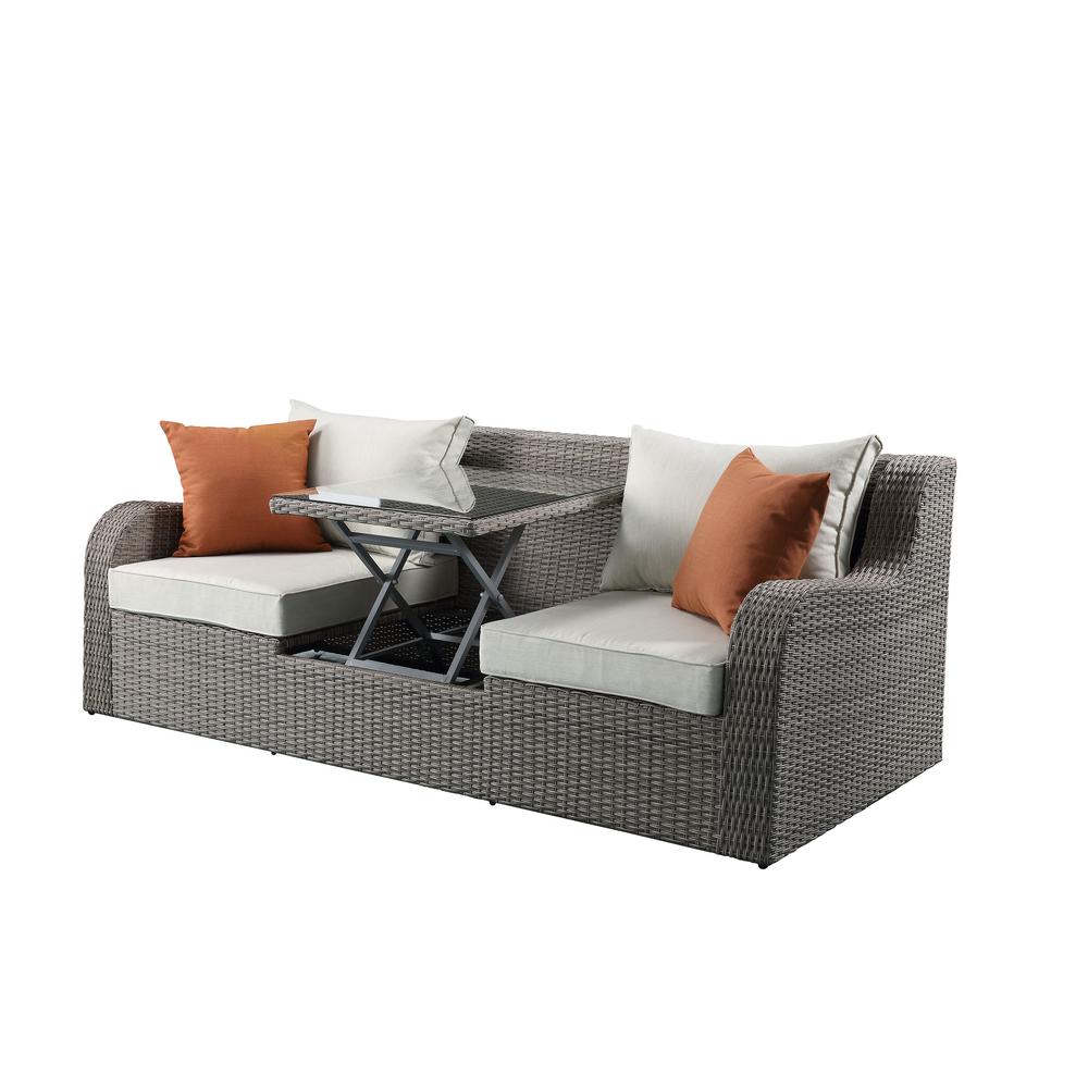 Salena Patio Sectional & 2 Ottomans, Beige Fabric & Gray Wicker. Picture 2