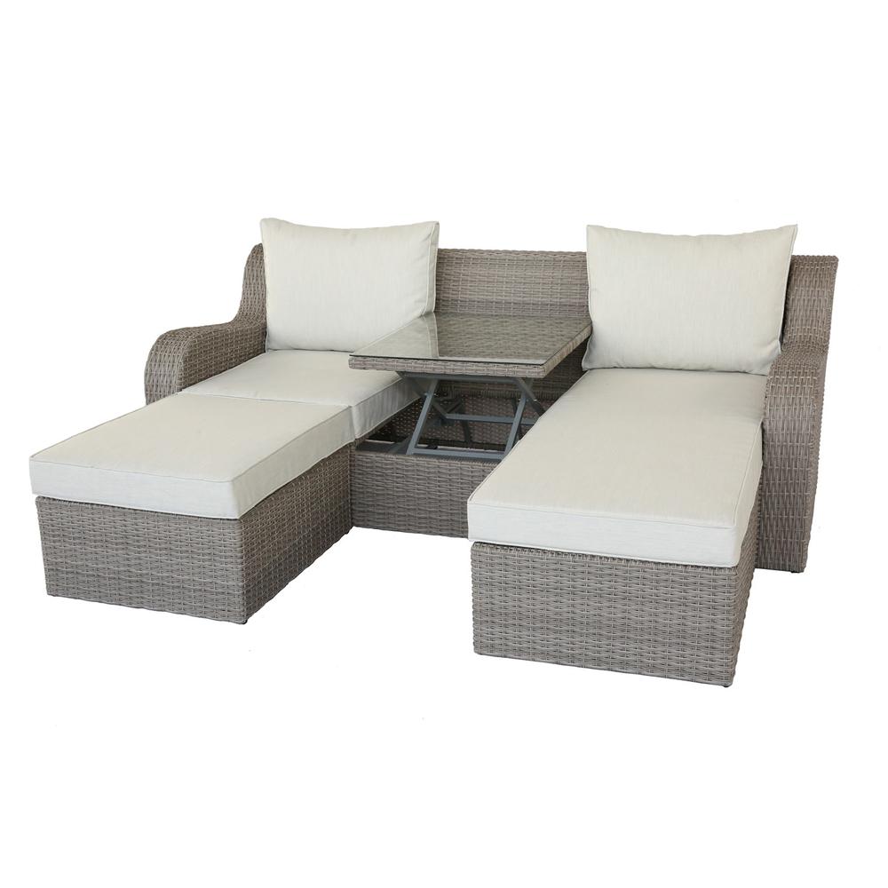 Salena Patio Sectional & 2 Ottomans, Beige Fabric & Gray Wicker. Picture 3